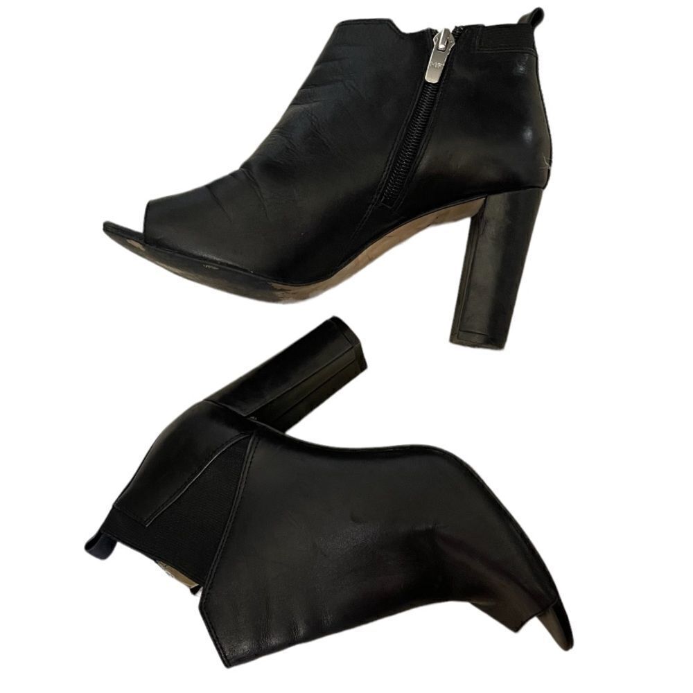 MarcโFisherย Black Leather Open Toe Side Zip High Heel Ankle Booties Szโ6.5